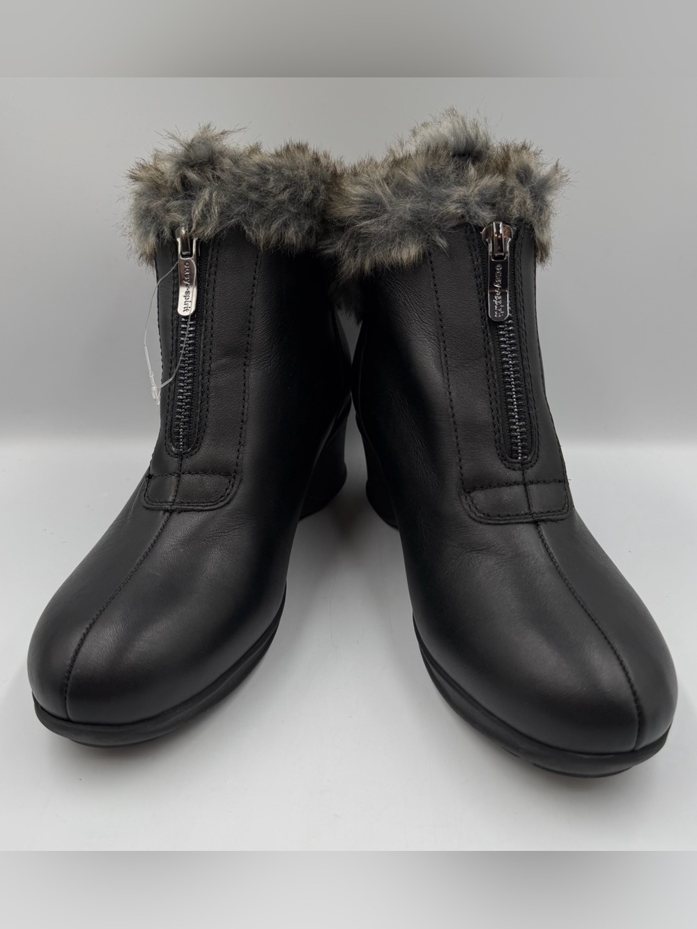 Easy Spirit Fairlae Black Leather Bootie Faux Fur Womens 6.5W Wedge Cushioned